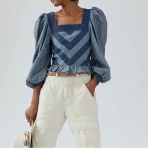 Anthropologie Love The Label Denim Puff Sleeve Smocked back peplum blouse